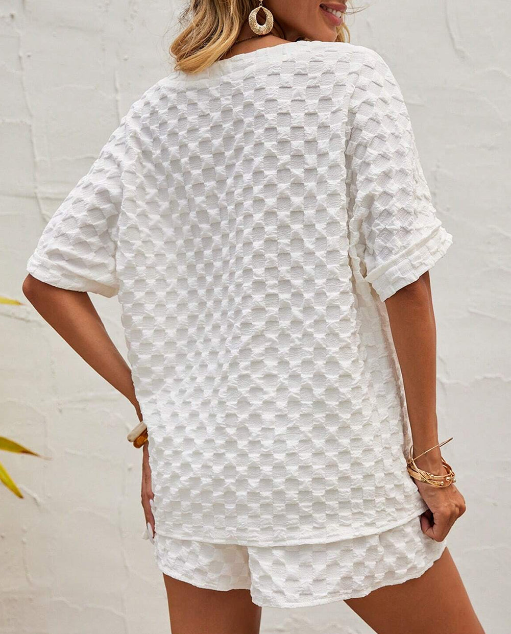 Textured Split Neck Top and Drawstring Shorts Set
