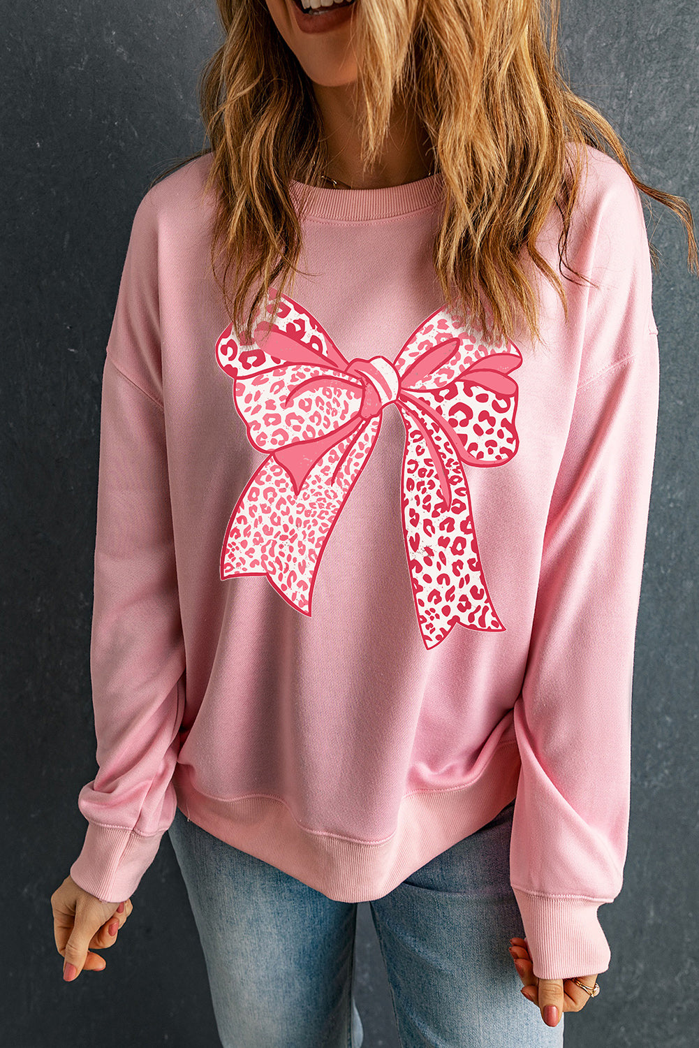 Leopard Bowknot Printed Crewneck Pullover Sweatshirt