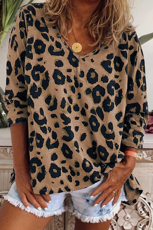 Leopard Split Joint V Neck Long Sleeve Tops