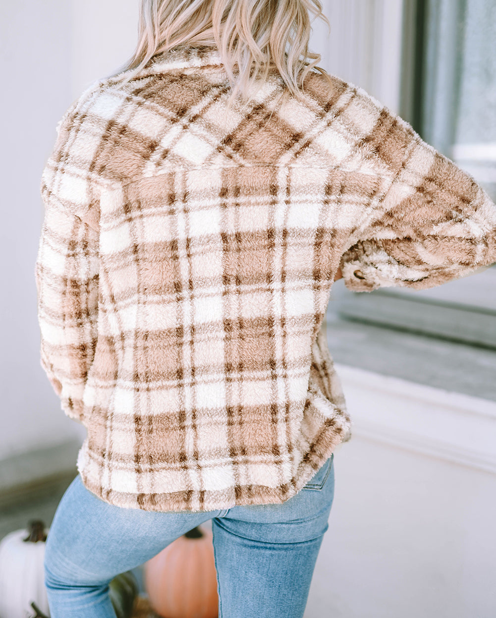 Sherpa Plaid Button Pocketed Jacket