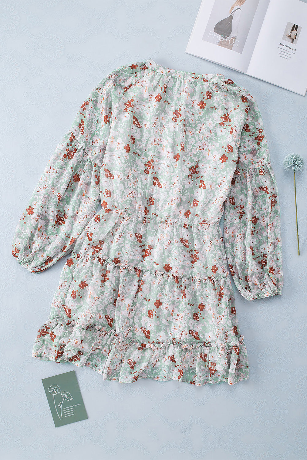 V Neck Puff Sleeves Floral Tunic Dress