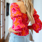 Floral Puff Half Sleeve Square Neck Smock Peplum Blouse