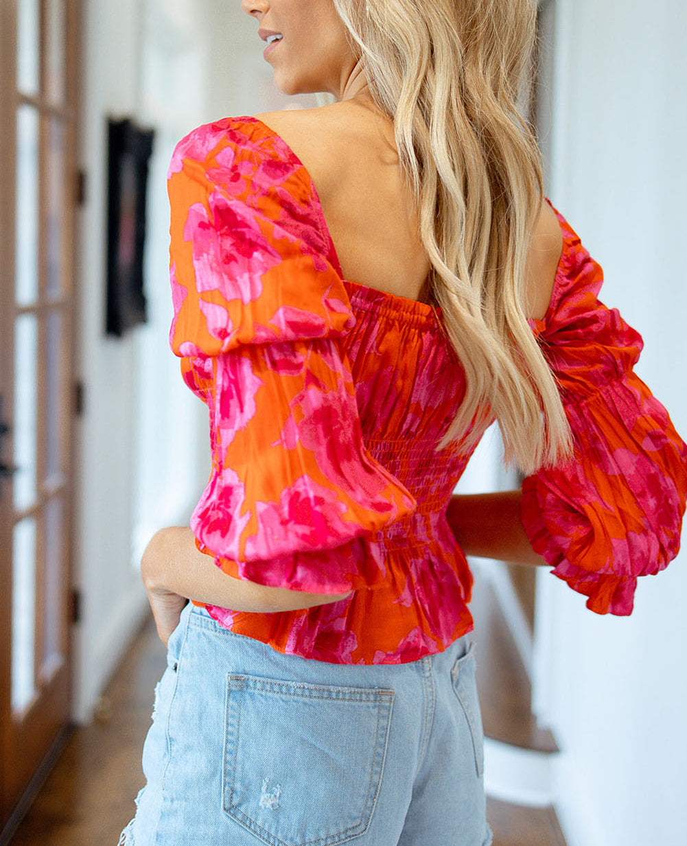 Floral Puff Half Sleeve Square Neck Smock Peplum Blouse