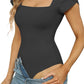 Black Overlap Short Sleeve Square Neck Bodysuit