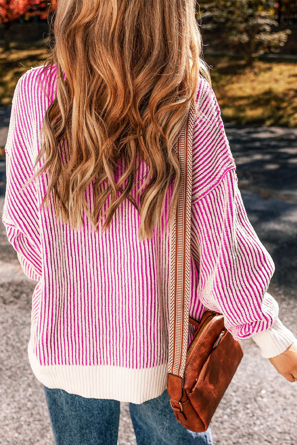 Striped Textured Knit Contrast Edge Loose Sweater