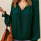 Pleated V Neck Puffy Sleeve Blouse