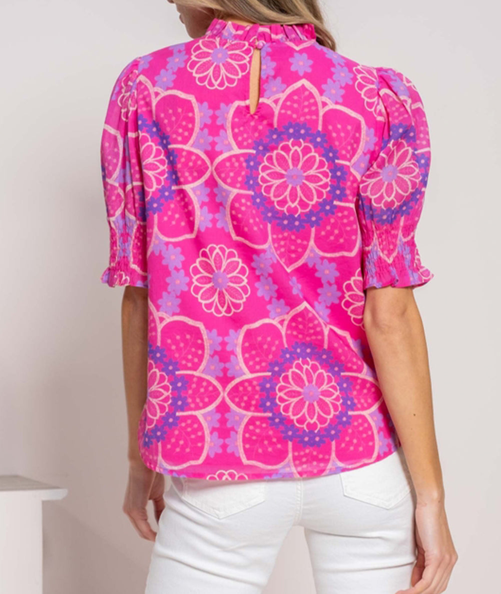Floral Print Frilled Neck Smocked Puff Sleeve Blouse