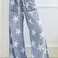 Star Print Light Wash Drawstring High Waist Wide Leg Jeans