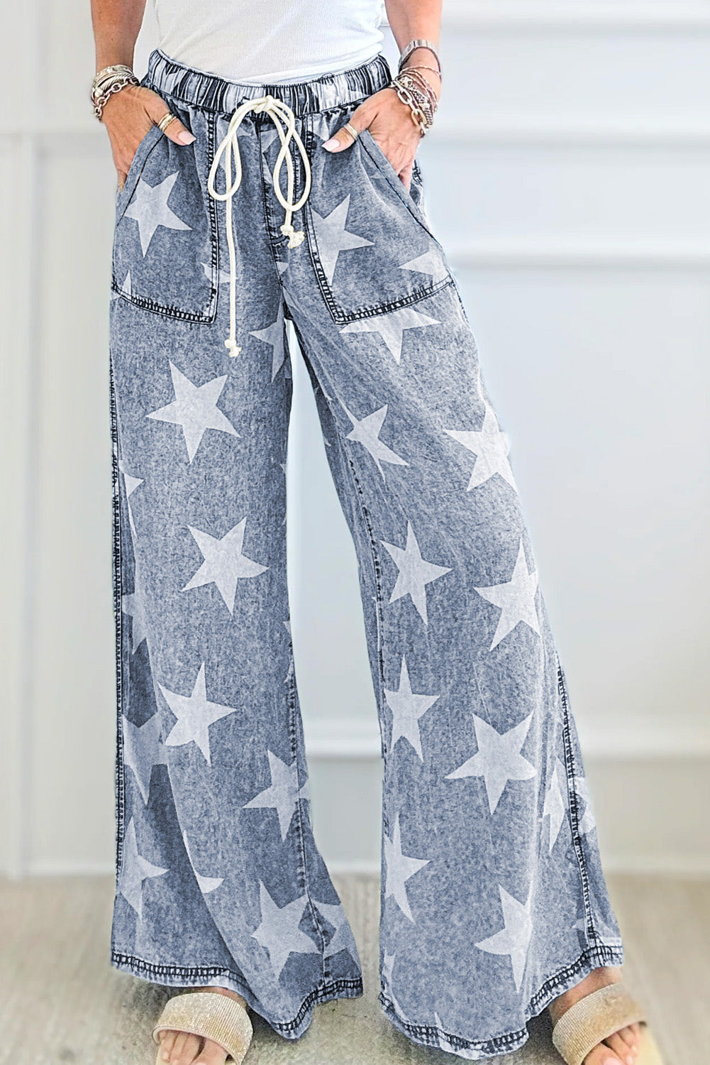 Star Print Light Wash Drawstring High Waist Wide Leg Jeans