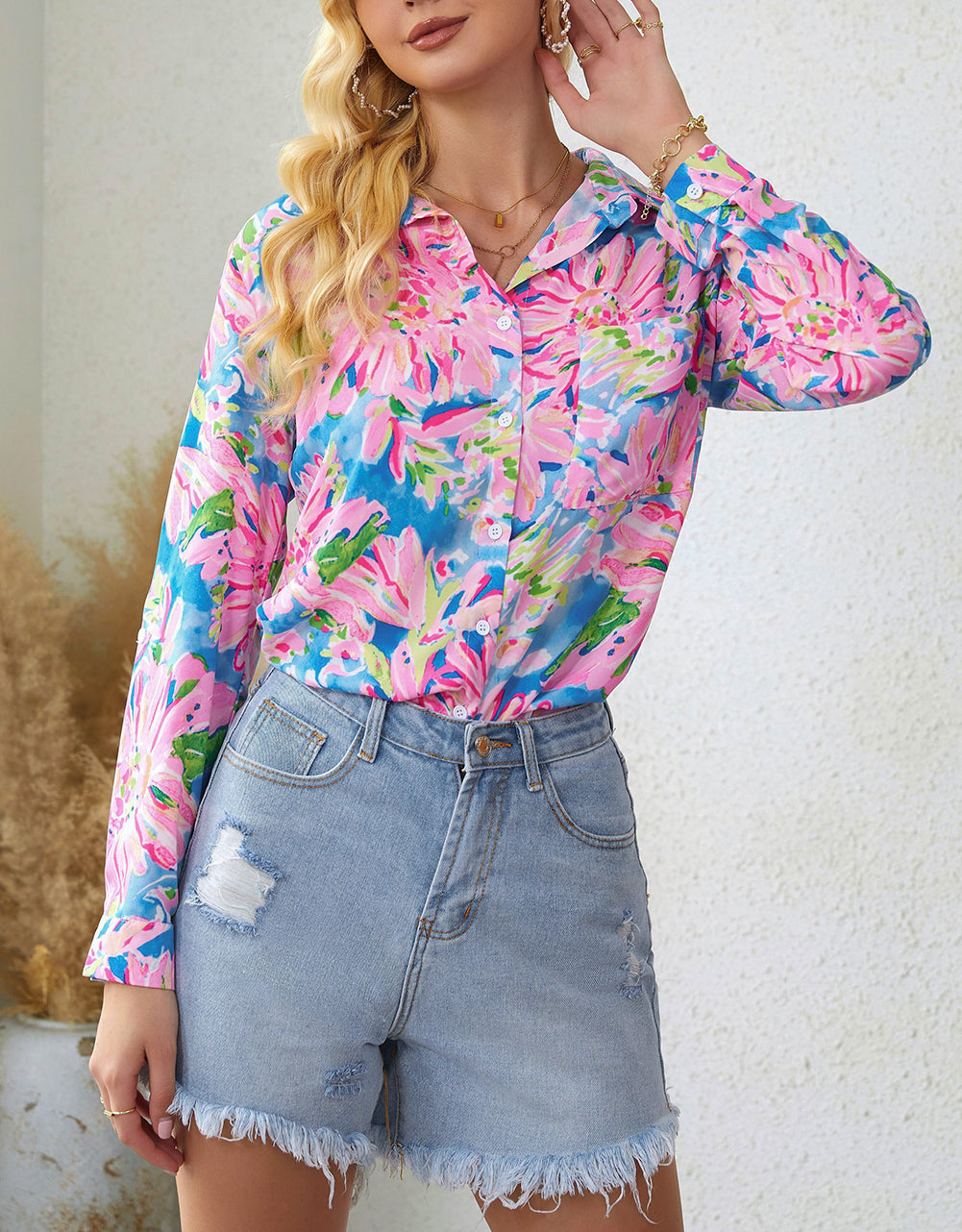 Abstract Floral Print Buttoned Sheath Long Sleeve Shirt