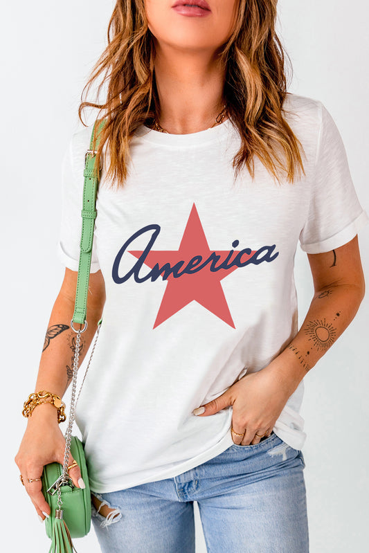 America Star Shape Print O Neck Loose Fit T Shirt