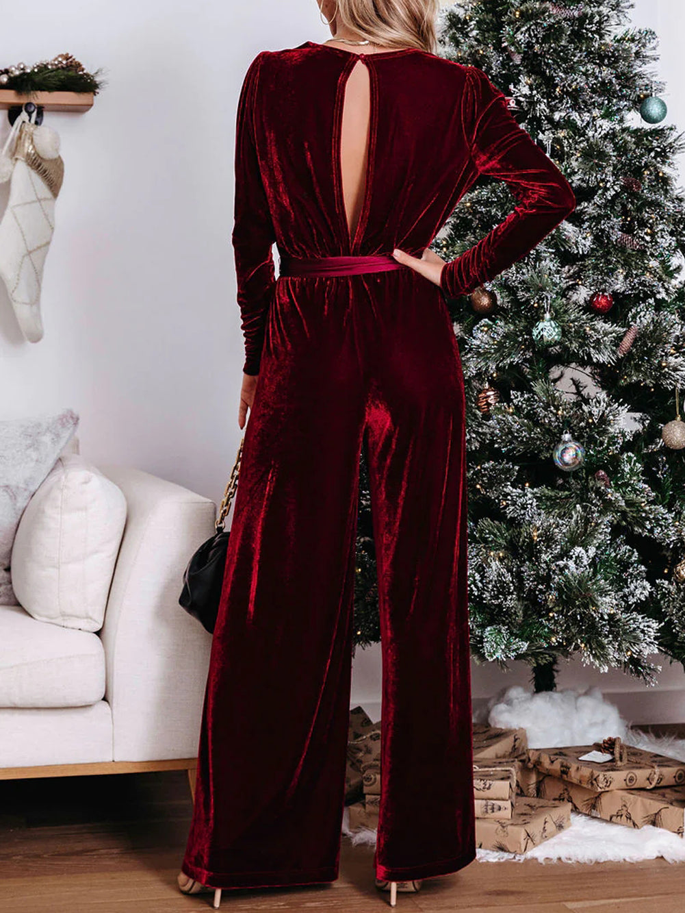 Velvet Pocketed Cut out Back Wide Leg Jumpsuit
