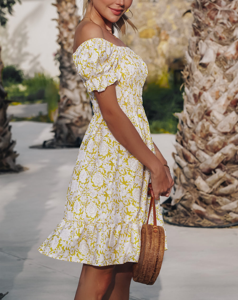 Shirred Flounce Off Shoulder Floral Dress