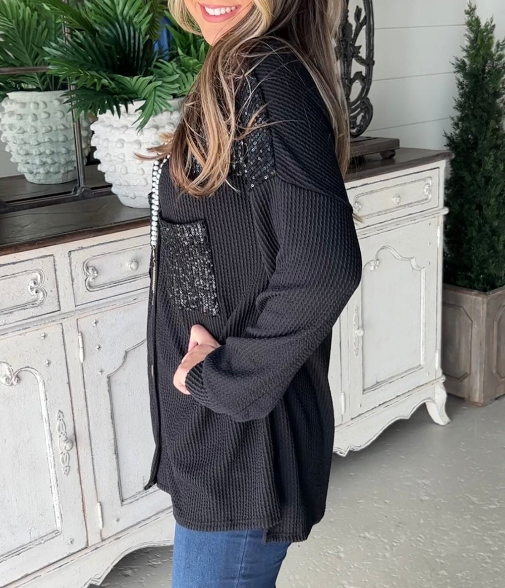 Sequin Patch Chest Pocket Corded Shacket