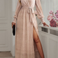 Glittering Lantern Sleeve Surplice Neck Belted Split Evening Dress