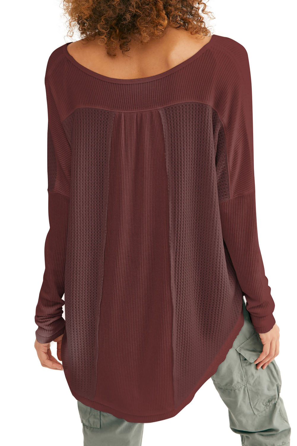 Dahlia Waffle Ribbed Knit Patchwork Henley Top