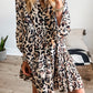 Leopard Print Buttoned Front 3/4 Sleeve Tiered Ruffled Hem Dress