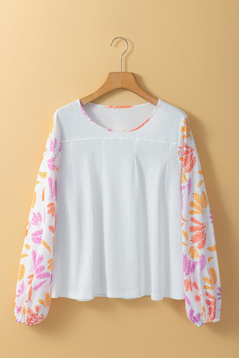 Tropical Leaf Printed Patchwork Sleeve Round Neck Top