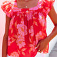 Red Floral Square Neck Ruffle Sleeve Blouse