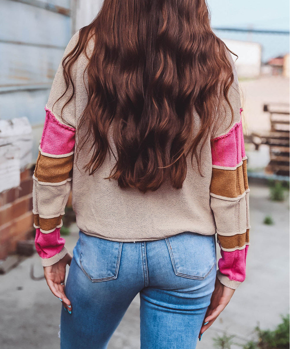 Colorblock Exposed Seam Round Neck Sweater