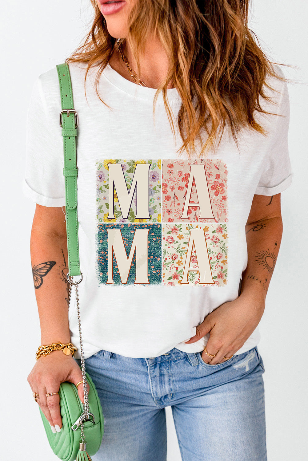 MAMA Floral Block Graphic Casual T Shirt