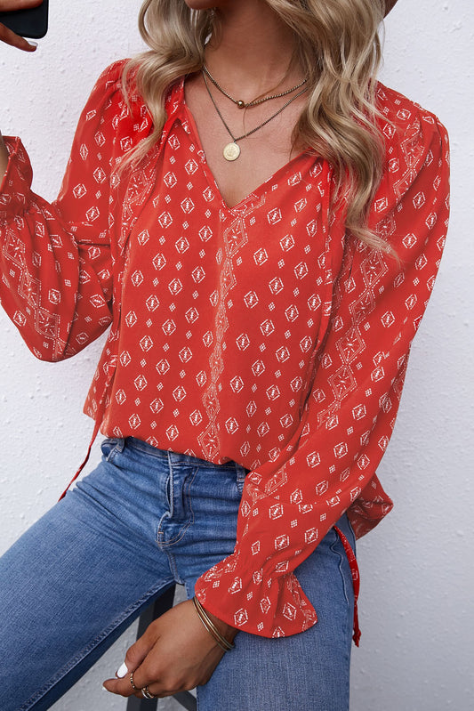Printed Long Sleeve V-Neck Drawstring Shirt