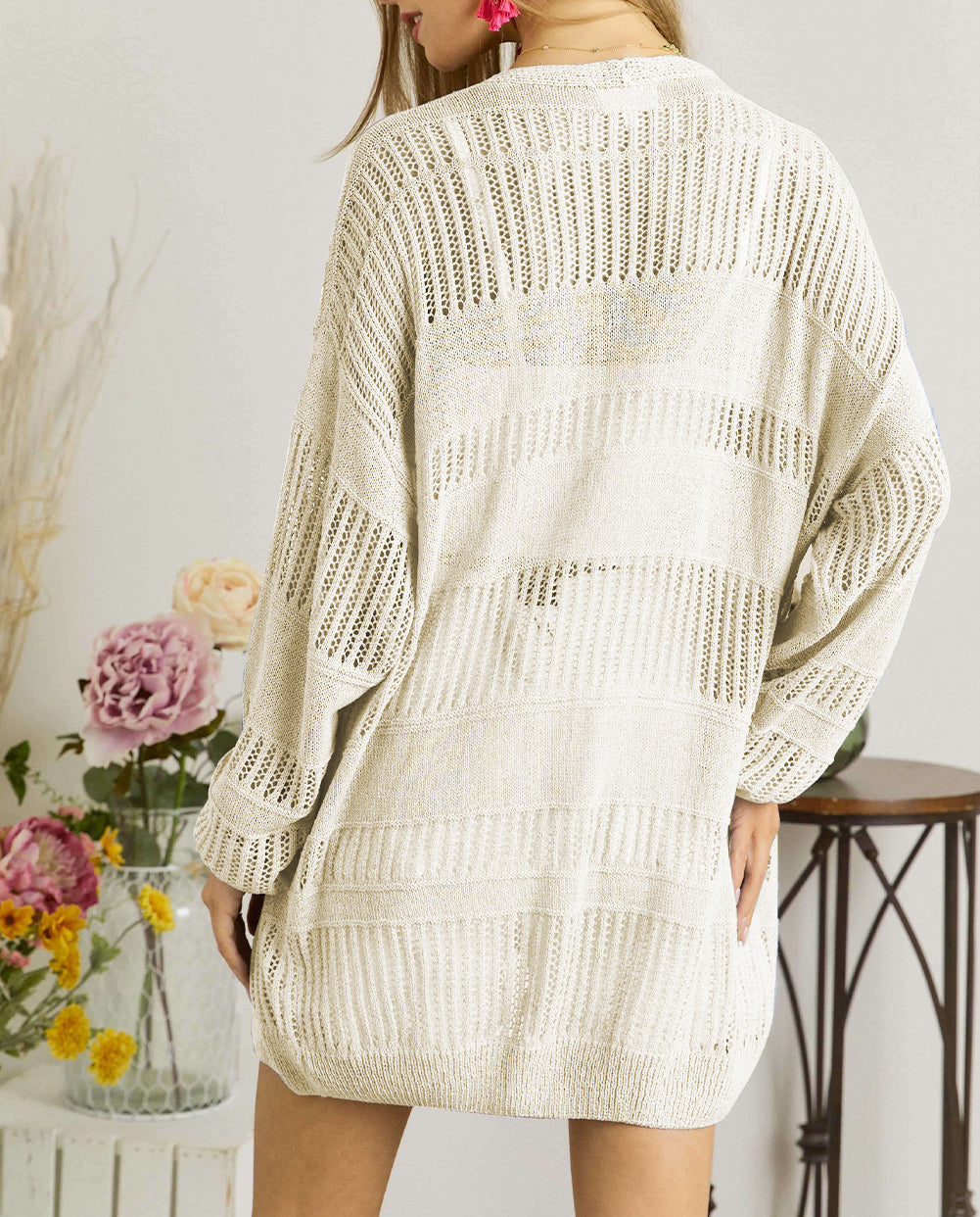 Solid Color Lightweight Open Knit Tunic Cardigan