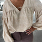 V Neck Bow Tie Bubble Sleeve Blouse