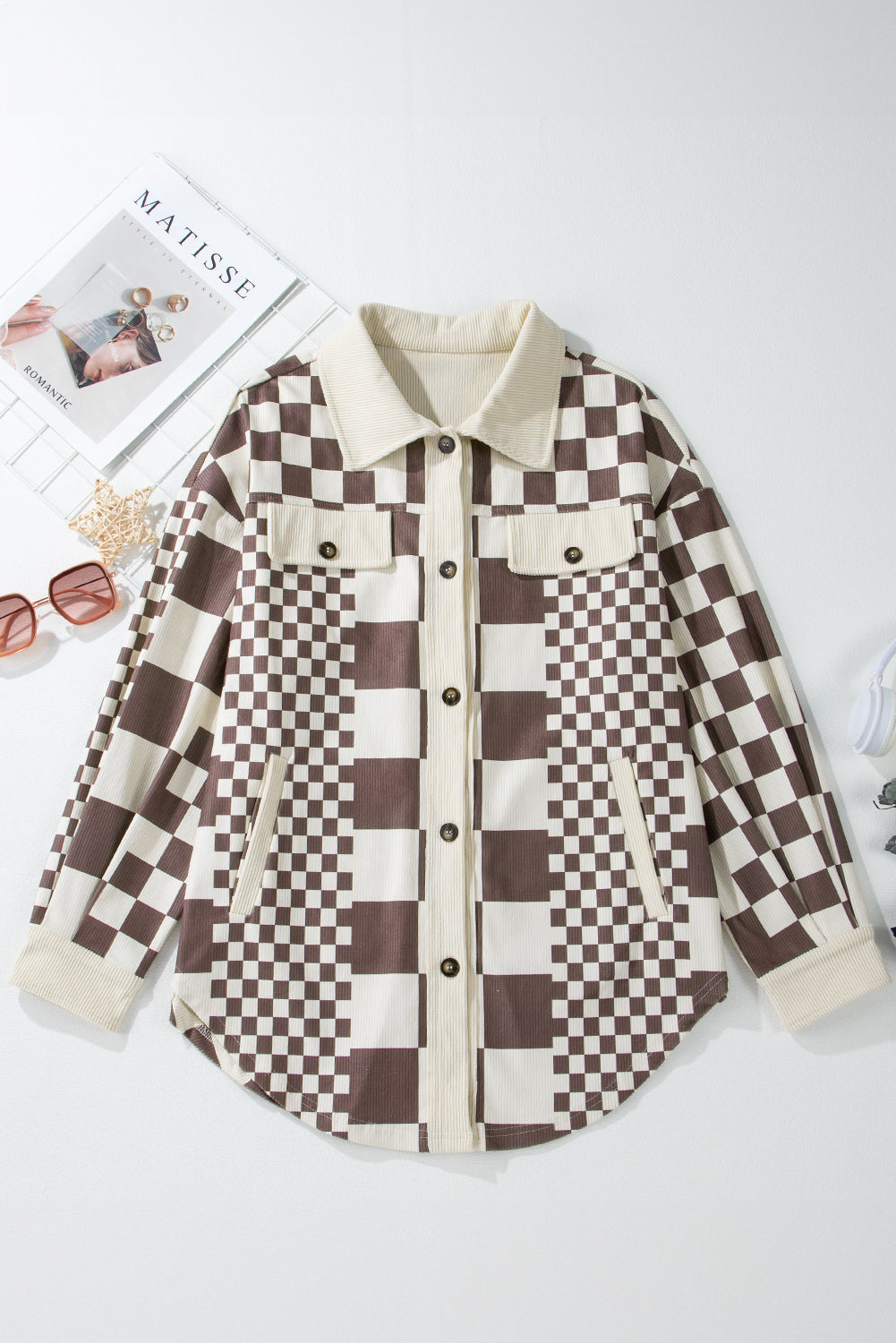 Checkered Print Patchwork Corduroy Shacket