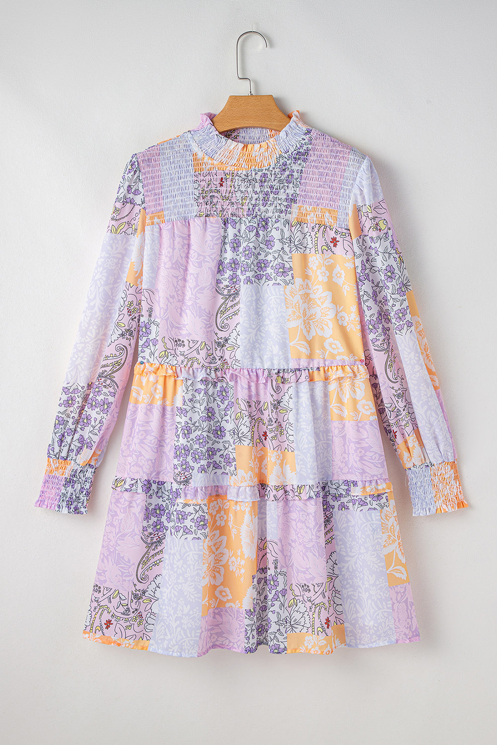 Floral Smocked Mock Neck Ruffled Tiered Bubble Sleeve Dress