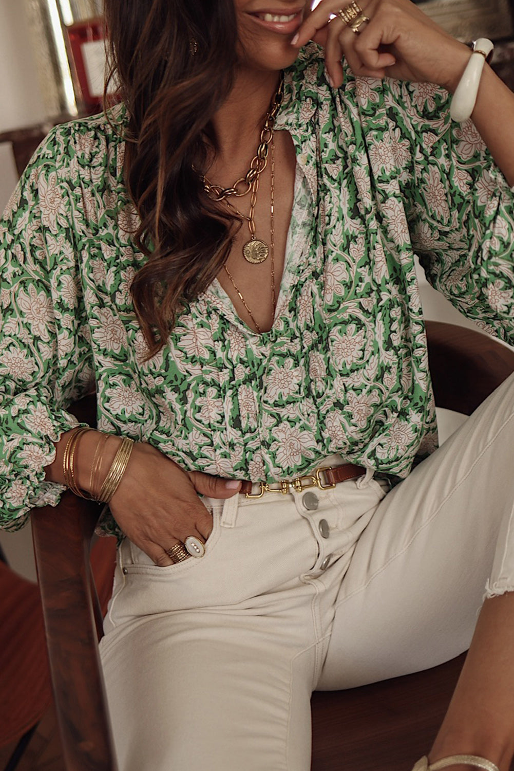 Floral Print Split Neck Pleated Puff Sleeve Blouse