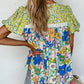 Bubble Sleeve Lace Trim Floral Mixed Print Blouse