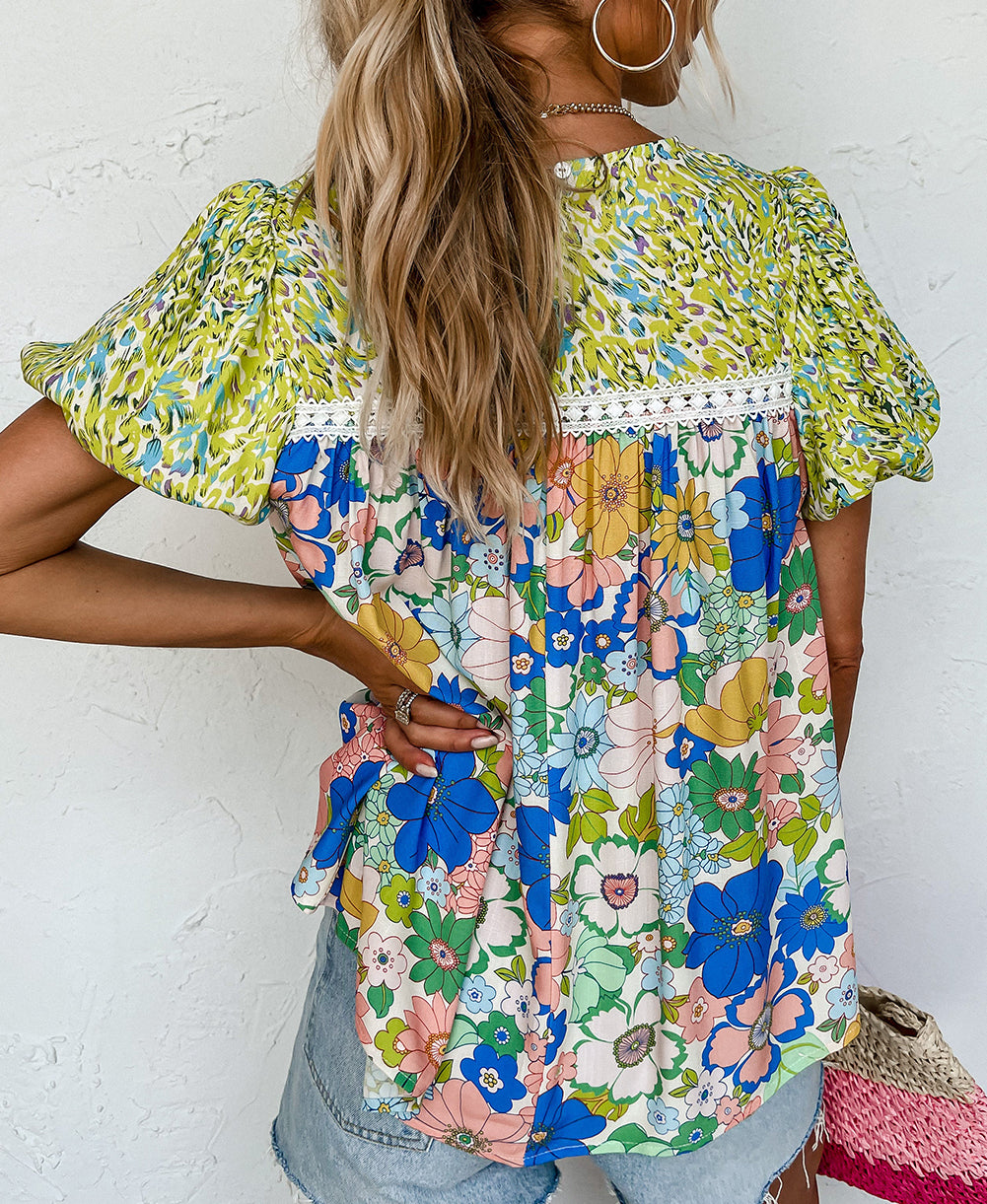Bubble Sleeve Lace Trim Floral Mixed Print Blouse