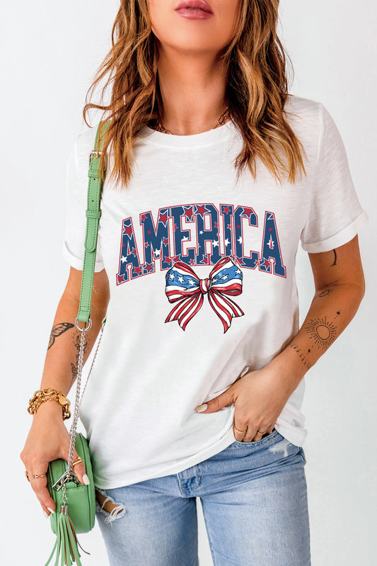 AMERICA Flag Bow Knot Print Round Neck Top