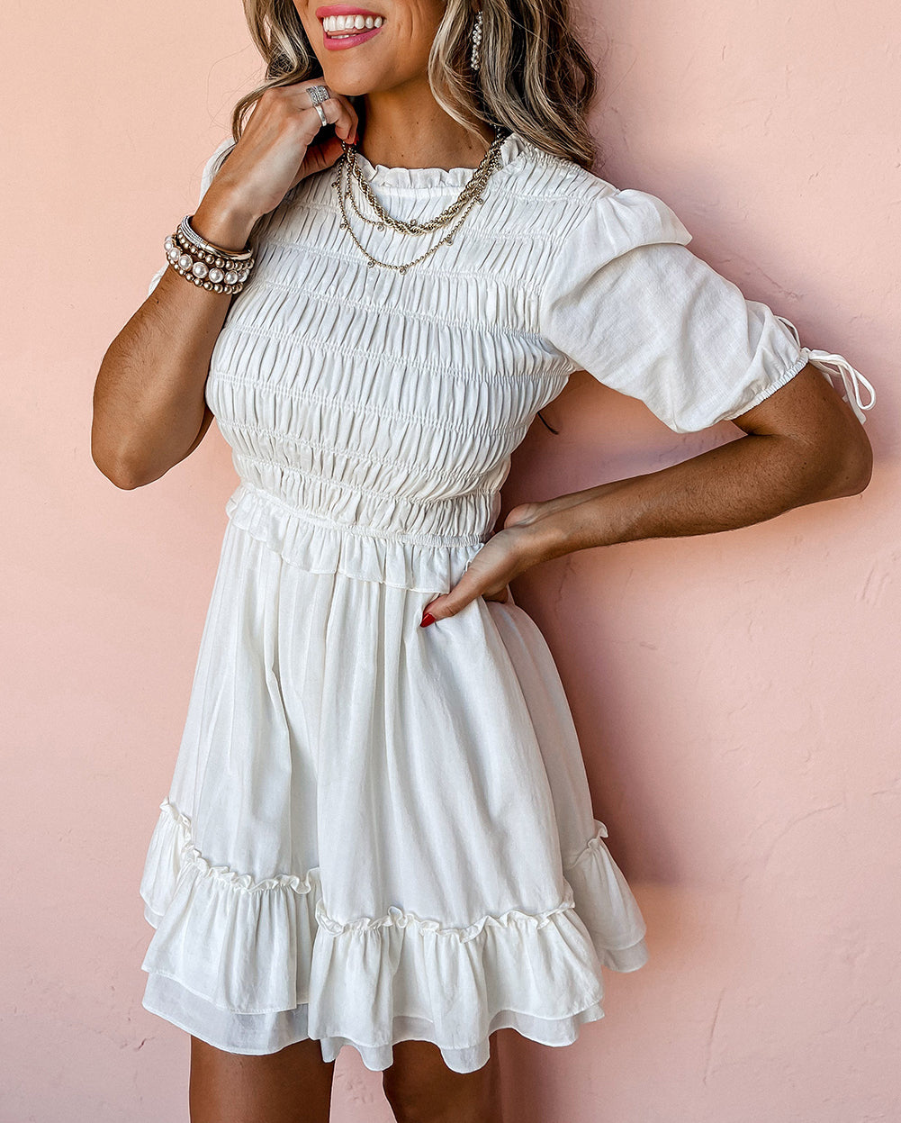 Tie Short Sleeves Smocked Ruffle Mini Dress