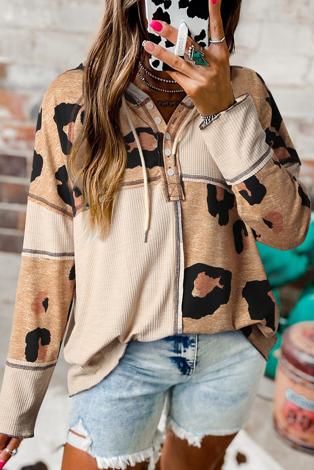 Print Exposed Seam Ribbed Patchwork Long Sleeve Top