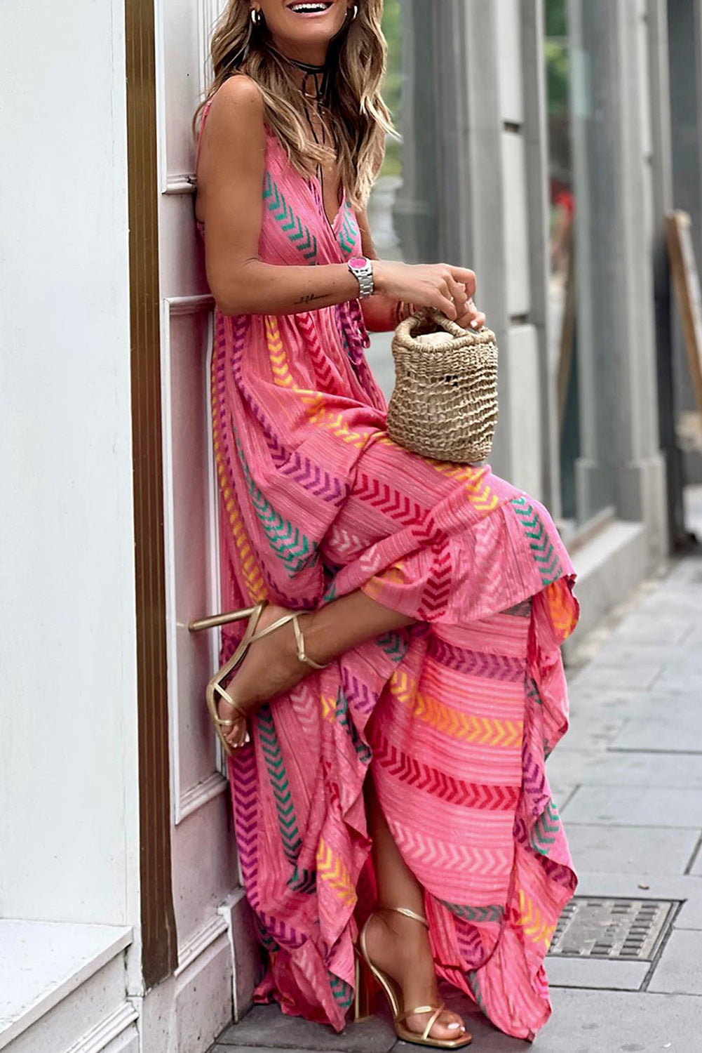 Western Printed Tassel Tie V Neck Wrap Maxi Dress