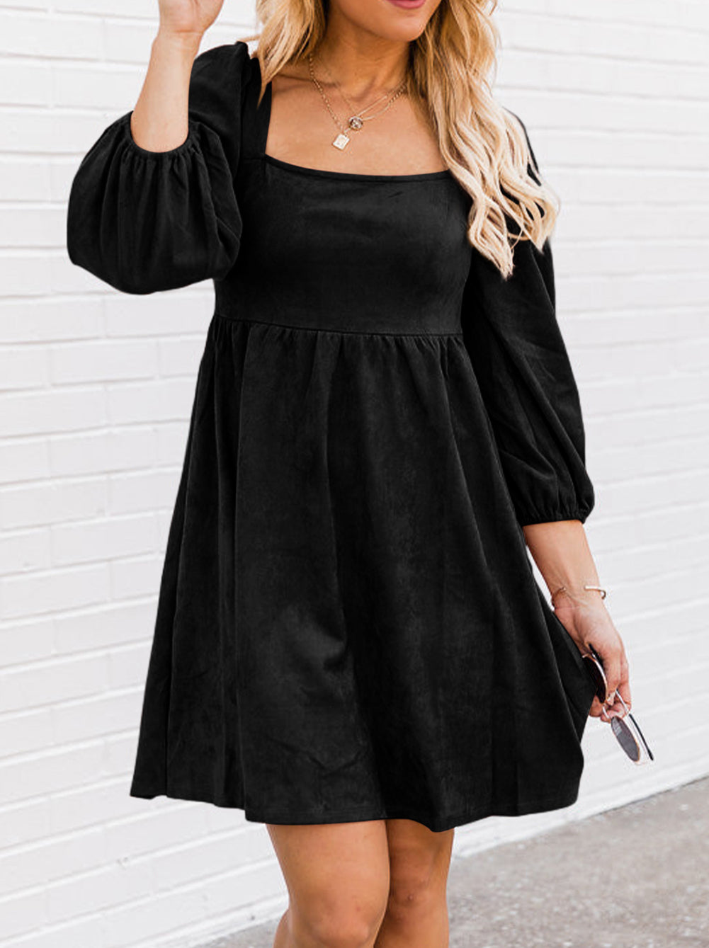 Suede Square Neck Puff Sleeve Dress