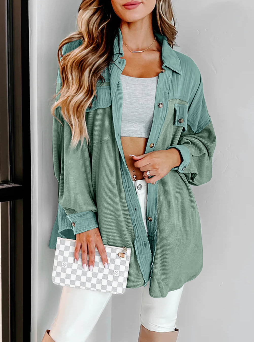 Mix Textured Stitching Flap Pocket Tunic Shacket