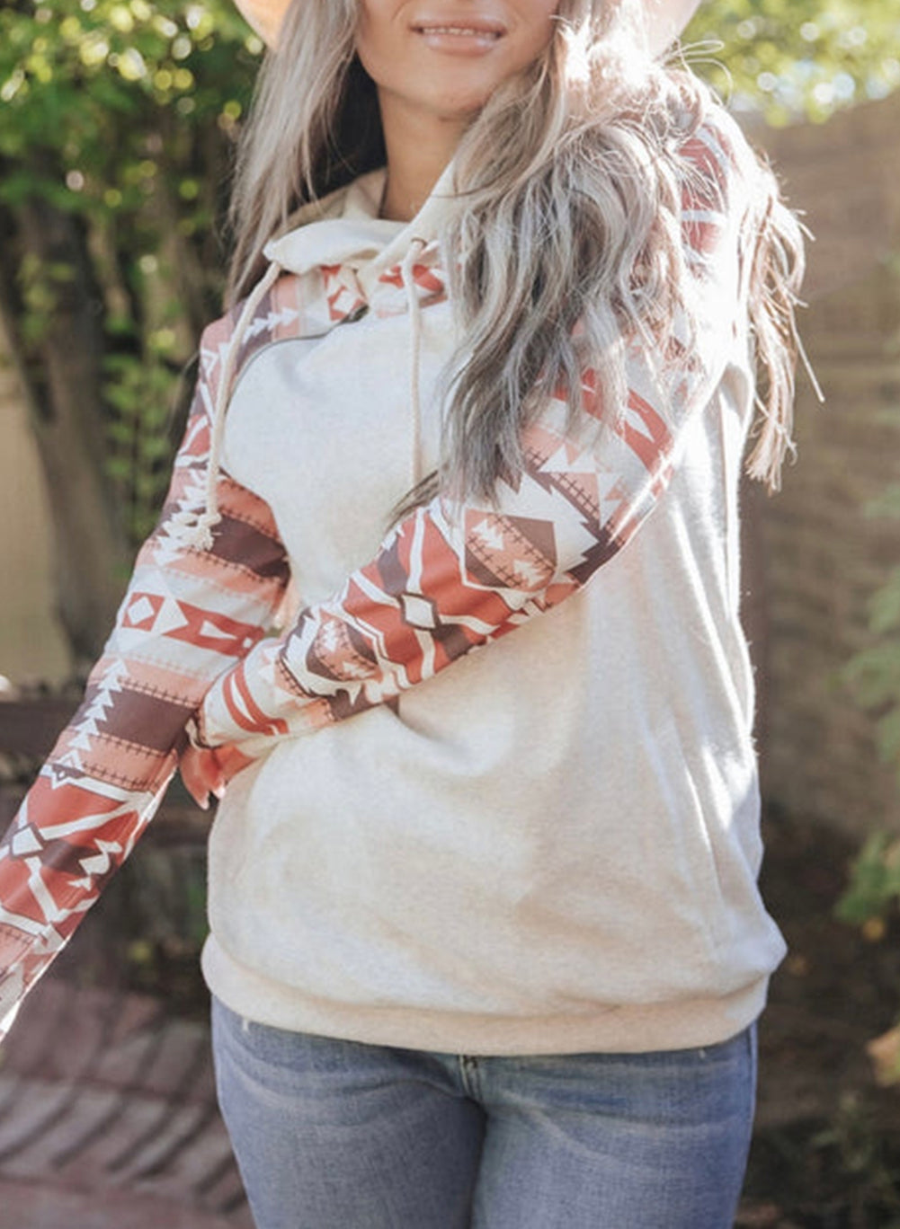 Aztec Print Patchwork Double Hood Hoodie
