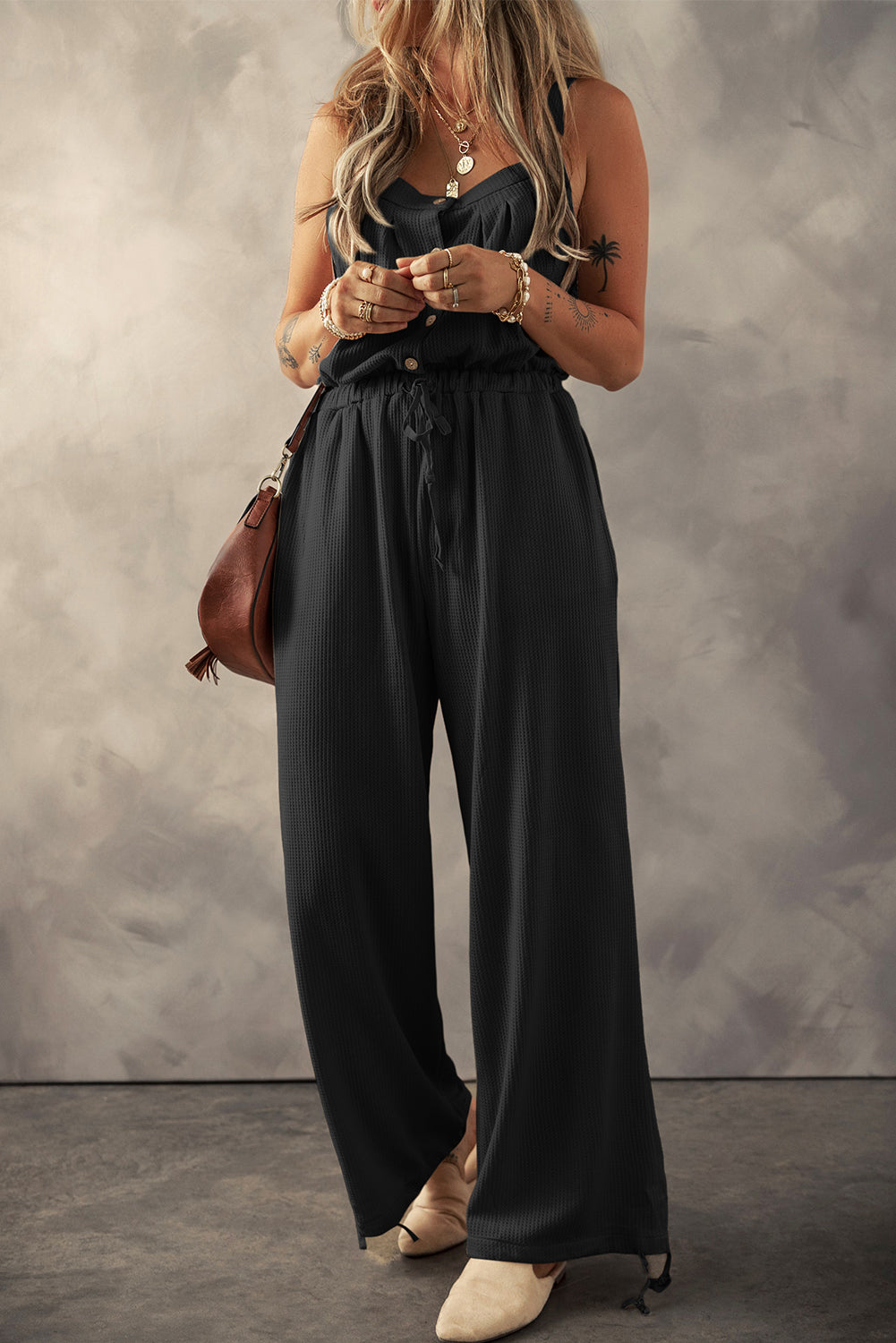 Knotted Straps Button Textured Drawstring Jumpsuit