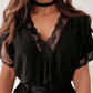 Black Lace Trim Loose V Neck T Shirt