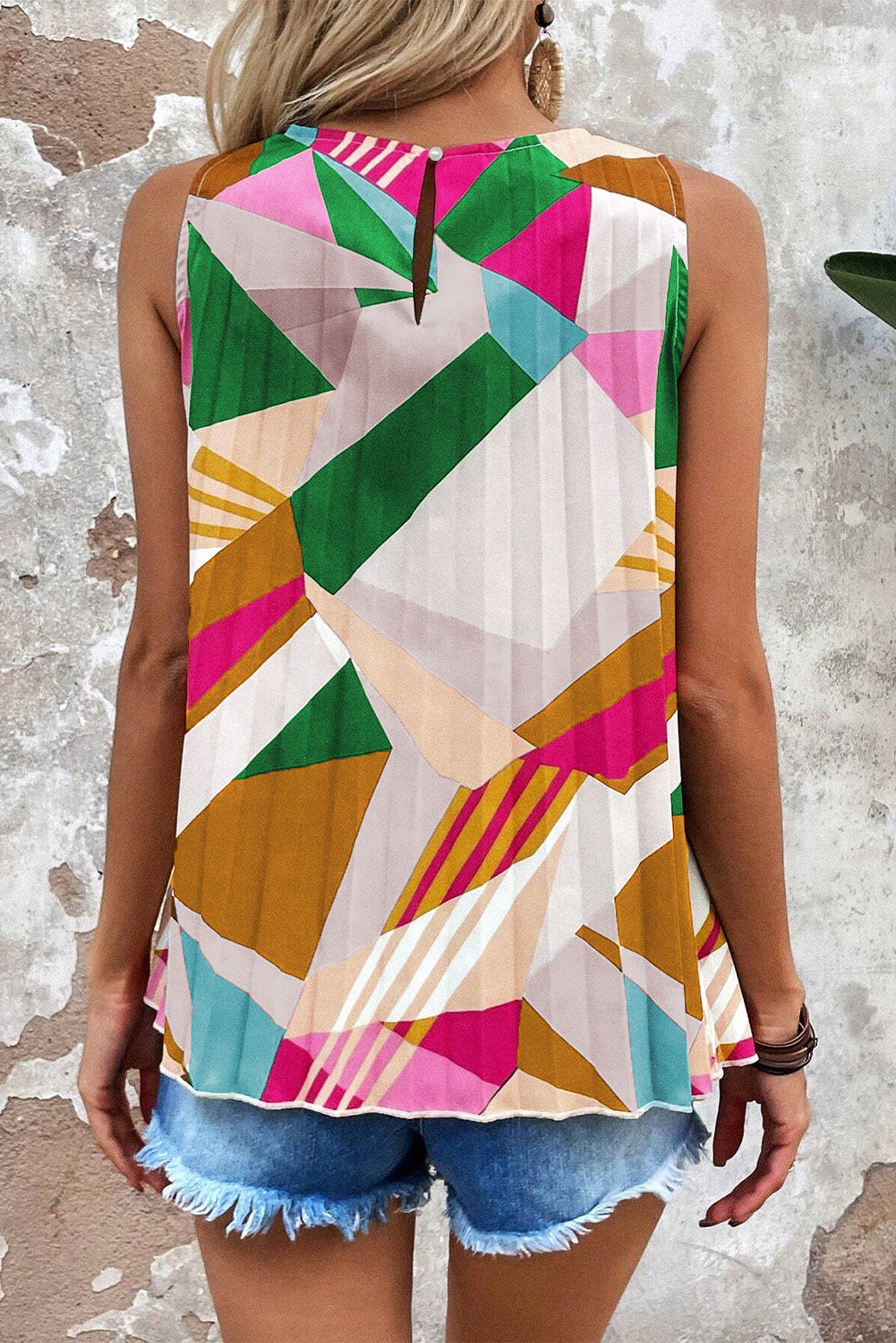 Geometric Printed Pleated Shift Tank Top