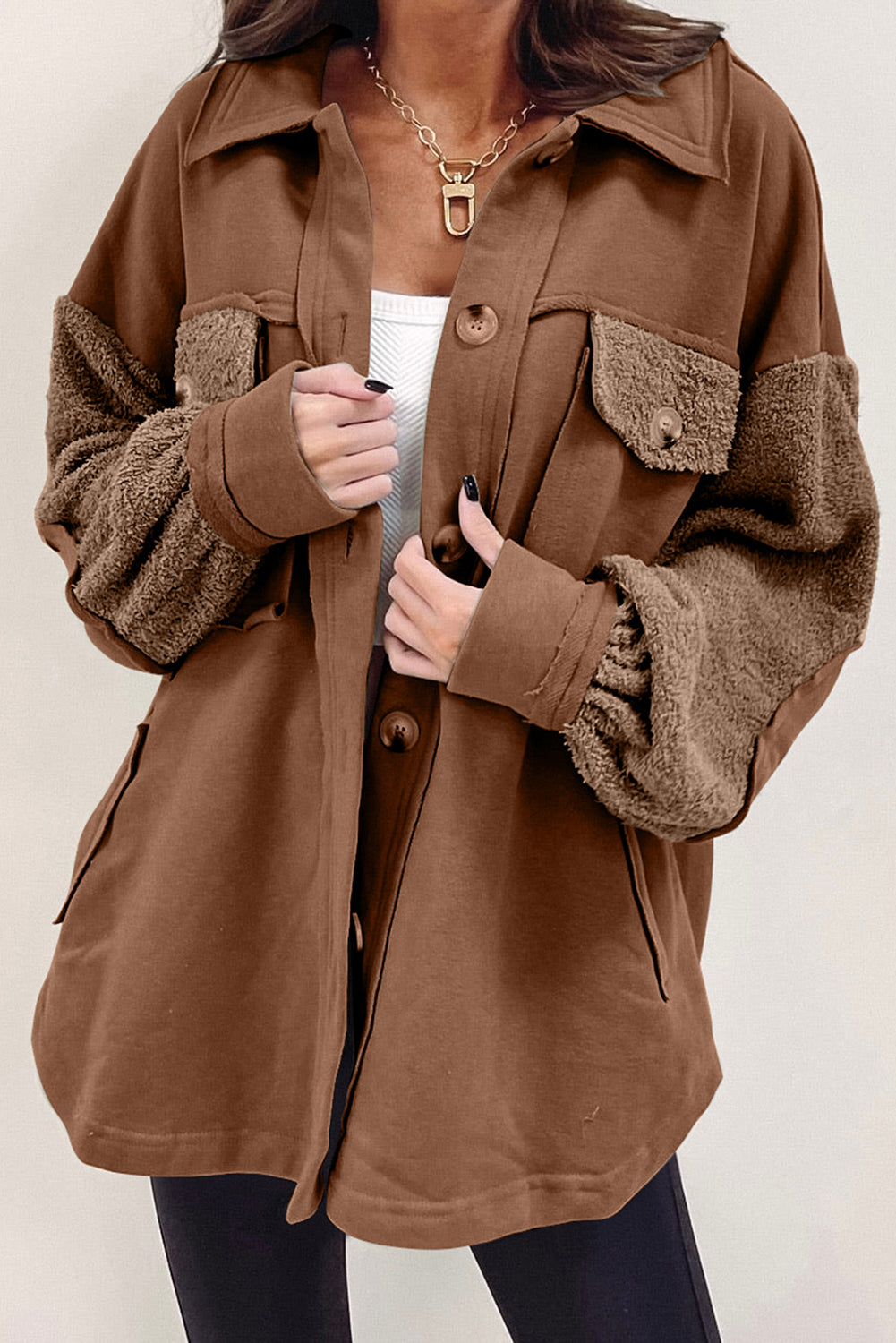 Exposed Seam Elbow Patch Oversized Shacket
