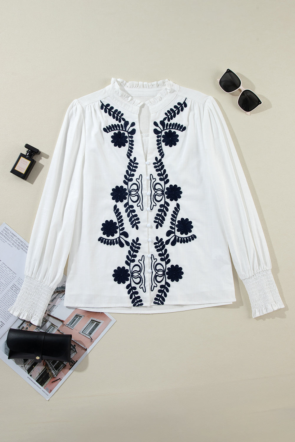 Floral Embroidered Shirred Sleeve Elegant Shirt