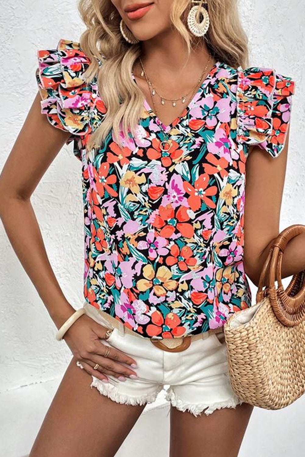 Tiered Ruffled Sleeve Floral Blouse