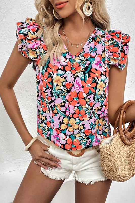 Tiered Ruffled Sleeve Floral Blouse