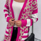 Stripe Sleeve Leopard Print Open Front Cardigan With Pockets