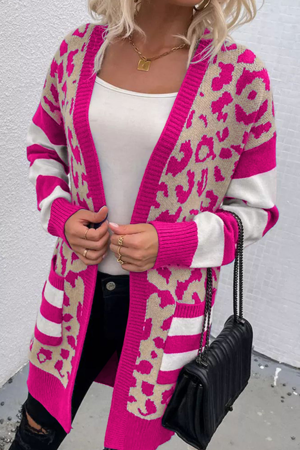 Stripe Sleeve Leopard Print Open Front Cardigan With Pockets