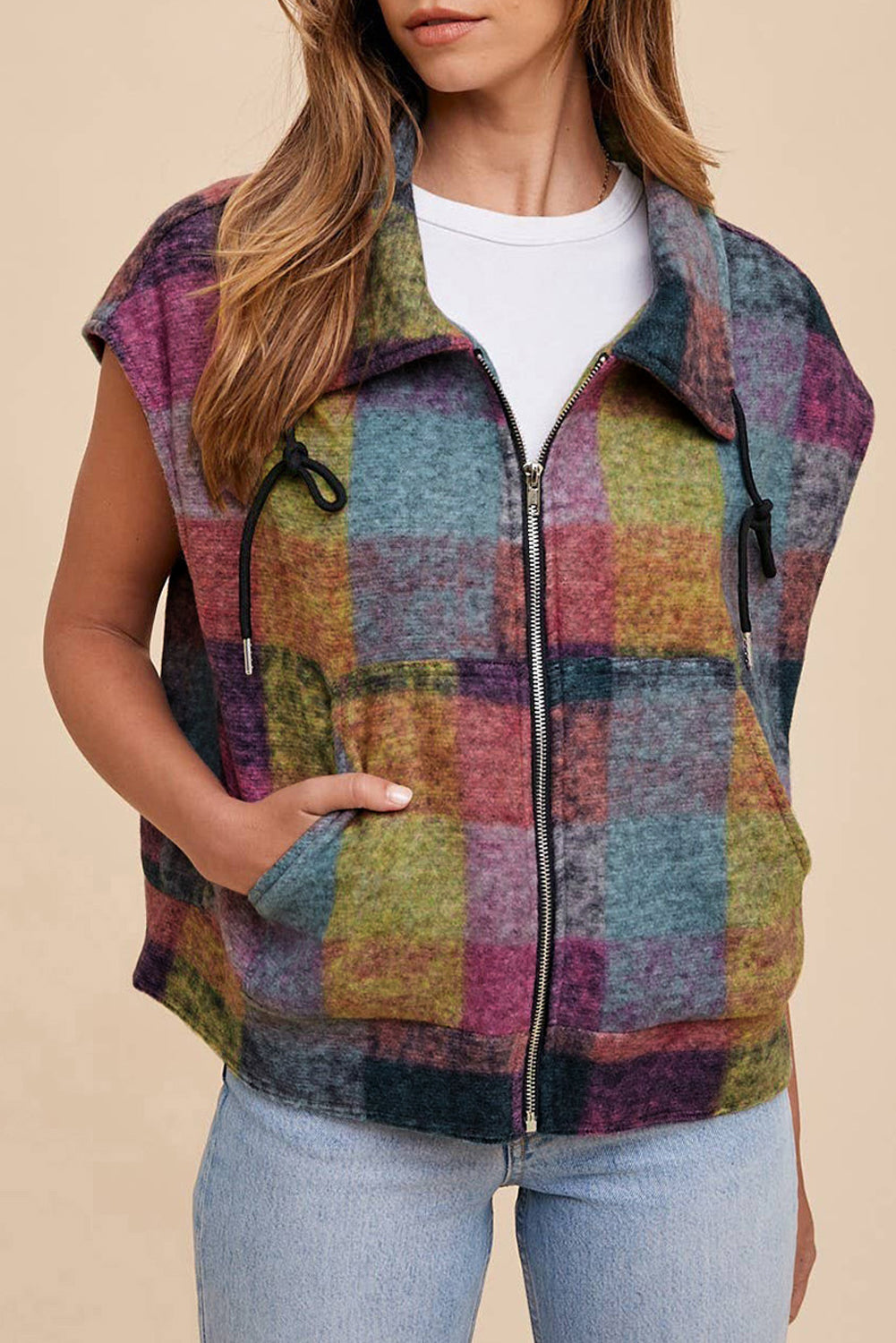 Plaid Print Side Pockets Zipped Loose Vest